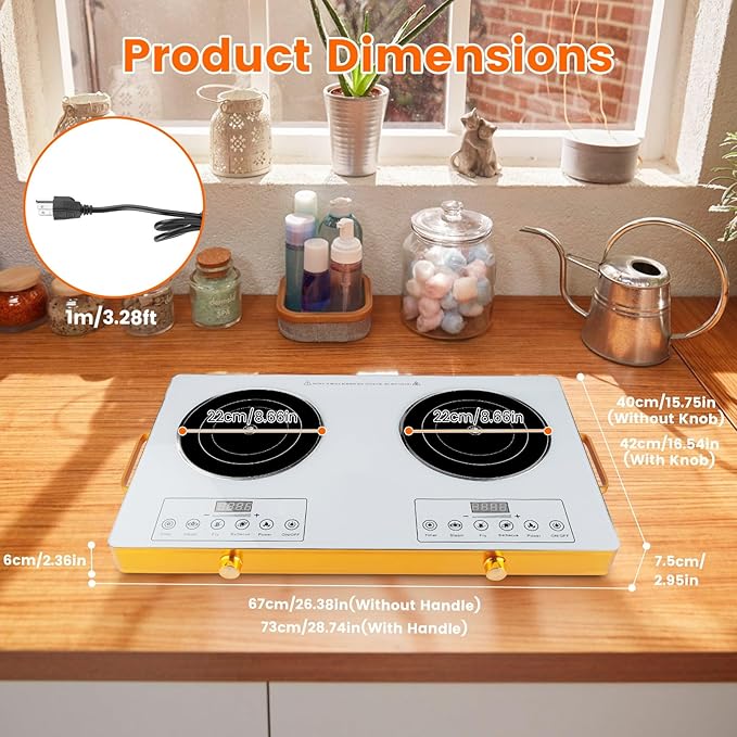 7000W Double Ceramic Electric Hot Plate Countertop Stove Double Burner Infrared Cooktop with 11 Power Levels 0-4H Timer Portable Handle LED Display for Kitchen Camping (White)
