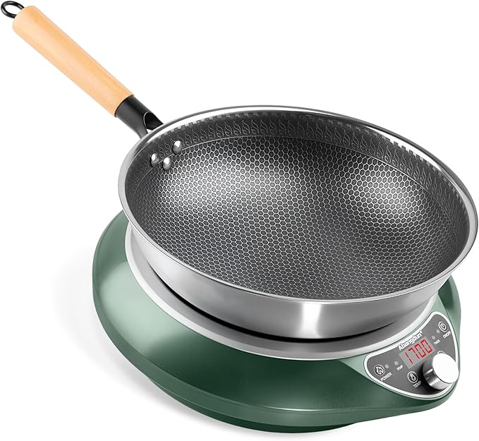 Abangdun Wok Induction Cooktop 1700W 120V Burner Induction Curved Electric Stove Hot Plate Round Bottom Frying Evenly