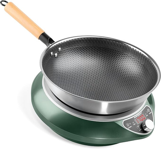 Abangdun Wok Induction Cooktop 1700W 120V Burner Induction Curved Electric Stove Hot Plate Round Bottom Frying Evenly