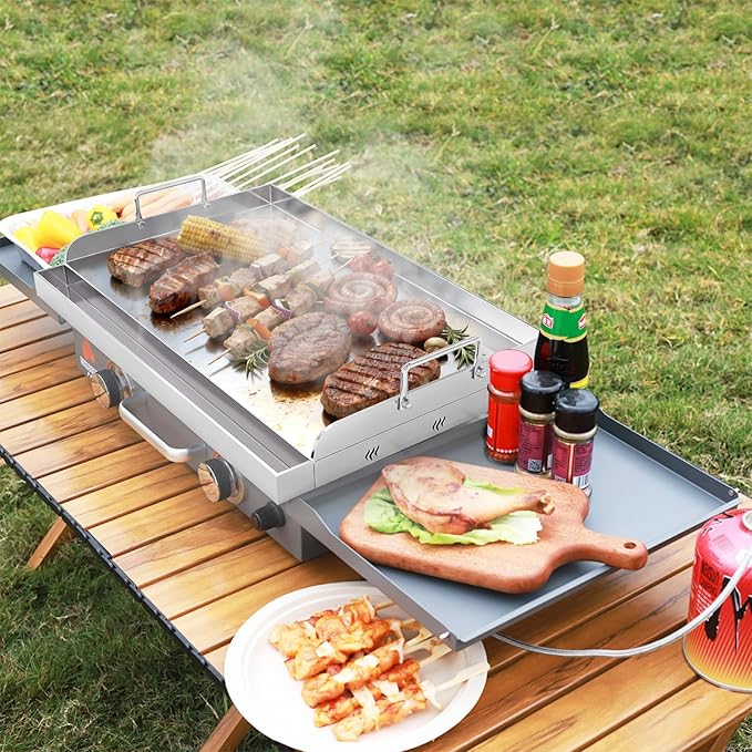 GT GETCO TECH 100% Food Grade Stainless Steel Griddle with Grease Groove, Universal Cooking Griddle for Gas Grill for Tailgating, Camping and Parties, 23＂×16＂