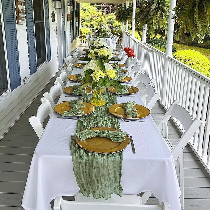 10 Pack Sage Green Cheesecloth Table Runner 6FT Boho Gauze Fabric Table Runner Vintage Rustic Sheer Runners for Wedding Party Bridal Baby Shower Long Table Decorations