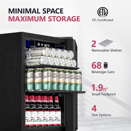 Beverage Refrigerator Cooler, 16 Bottle 68 Can Mini Fridge with Glass Door, Wine Beer Freestanding Drink Fridge, Digital Temperature Control & Adjustable Shelves for Home Office, 1.7 cu.ft
