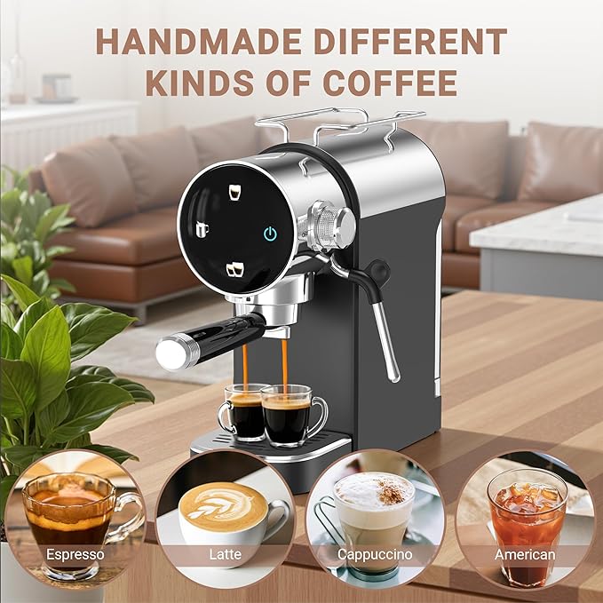 Ollygrin 20 Bar Espresso Machine, Adjustable Espresso Machine with Milk Frother, Compact Espresso Maker with Touch Panel, Removable Water Tank & Drip Tray, Cup Warmer, Pre-Infusion for Rich Crema
