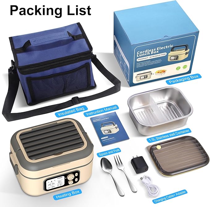 Cordless Electric Heated Lunch Box, 1.5L 6.3Cups 24000mAh Rechargeable Battery Self-Heating Lunch Box, Smart Timer, Even Heating, 100W Portable Food Warmer for Office, Picnic, Car, Outdoor