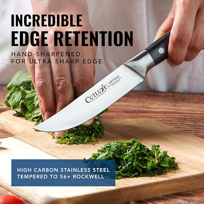 Cutluxe Steak Knives Set of 4, Straight Edge Steak Knife Set – Forged High Carbon German Steel, Full Tang, Ergonomic Handle Design – Artisan Series