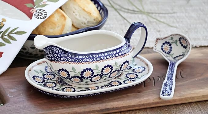 Blue Rose Polish Pottery Peach Blossom Gravy Boat & Ladle