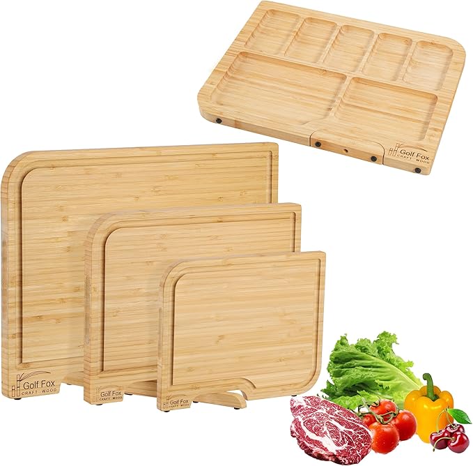 3-PCS Bamboo Cutting Board Set with Innovative Stand - Durable Double Sided Chopping Board with Juice Groove & Handle for Meal Prep, Meat, Fruit, Charcuterie Serving, Eco-Friendly Healthy Kitchen Gift