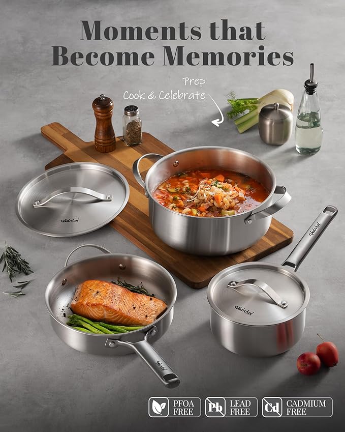 Stainless Steel Cookware Set, 14 Pcs Tir-Ply Pots and Pans Set, PFOA&PTFE Free, Dishwasher&Oven Safe, Kitchen Induction Compatible, ollas de acero inoxidable para cocinar
