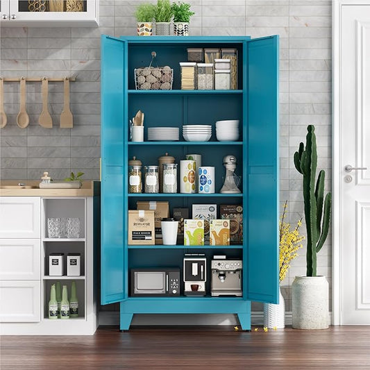Farmhouse Pantry Cabinet with Barn Doors, 71" H x 31.5" W, 5-Tier Metal Storage Cabinet with 4 Adjustable Shelves for Kitchen Garage Dining Room,Blue