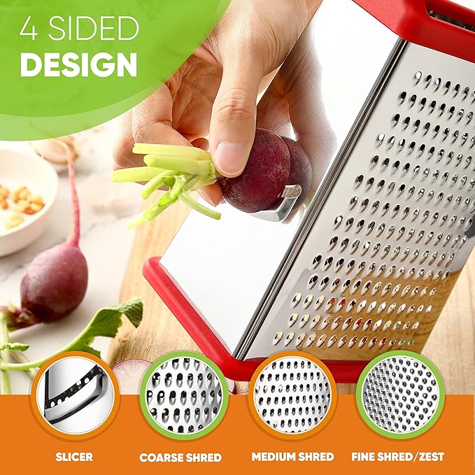 Spring Chef Stainless Steel XL Box Grater & Premium Lemon Zester - 2 Product Bundle - Red