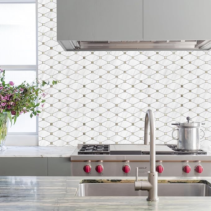 STICKGOO 10 Sheets Peel and Stick Dolomite Mosaic Tile, White Marble Look PVC Mixed Metal Gold Kitchen Backsplash for Fireplace, RV