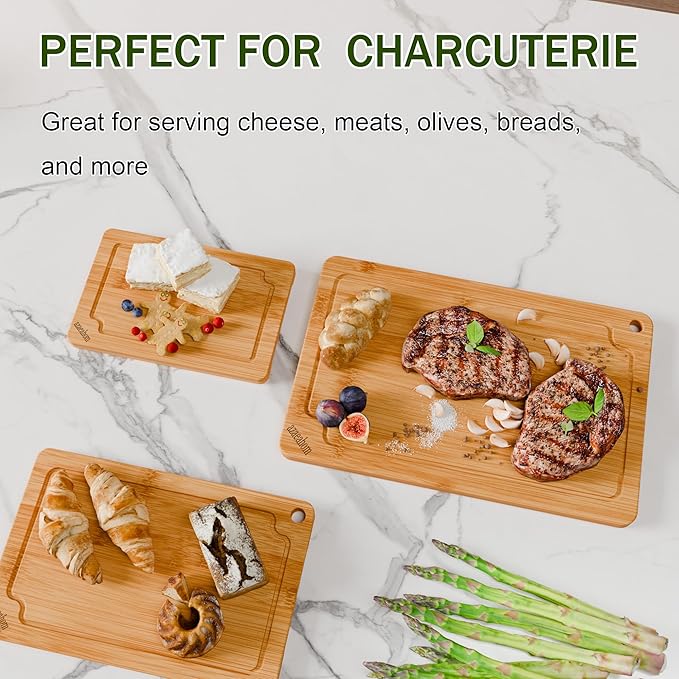 Azaeahom Bamboo Cutting Boards for kitchen, Wood Cutting Board with Juice Grooves & Built-in Handles, Large Medium Small Chopping Board for Meat, Vegetables