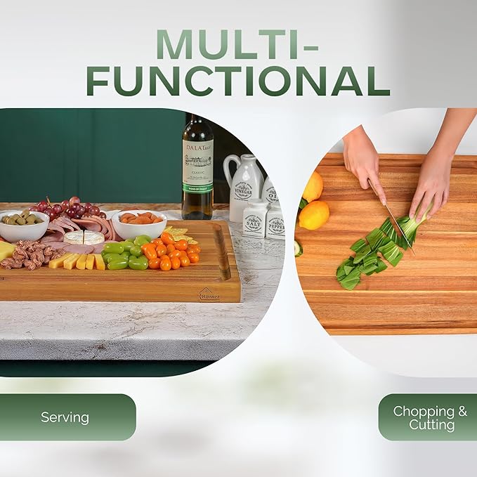 Howizz Acacia Wood Large Cutting Board, Thick Edge Grain Solid Wood Butcher Block For Kitchen, Non Toxic Pre-Oiled Carving Tray w/Juice Grooves and Easy Grip Handle, 20"x15" Thick 1.5" Gift-Ready Box