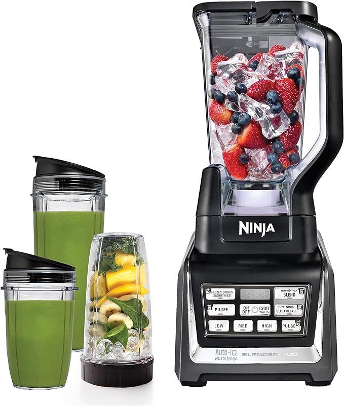 Ninja BL642 Nutri Ninja Personal & Countertop Blender with 1200W Auto-iQ Base, 72 oz. Pitcher, and 18, 24, & 32 oz. To-Go Cups with Spout Lids, For Smoothies, Shakes & More, Dishwasher Safe, Black