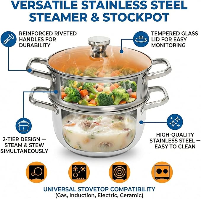 2 Tier Steamer Pot with Lid, 4 Quart Stainless Steel Food Steamer for Cooking, Multipurpose for Vegetable, Dumpling, Sauce, Pasta