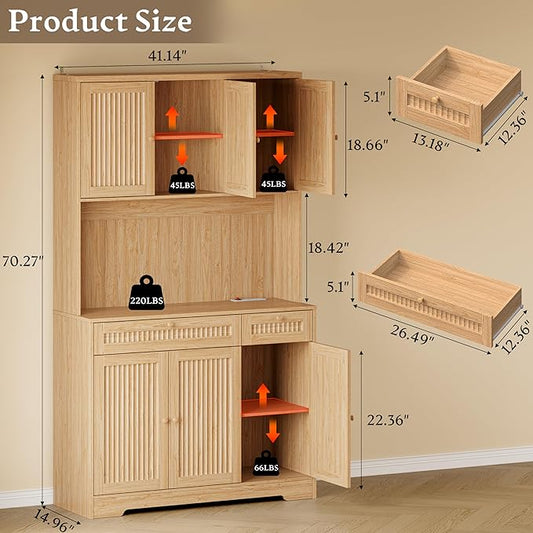 Pantry Cabinet with Charging Station and Light, Tall Kitchen Pantry Storage Cabinet with Microwave Stand, Wide Fluted Kitchen Hutch with Storage Drawers and Adjustable Shelves for Dining Room
