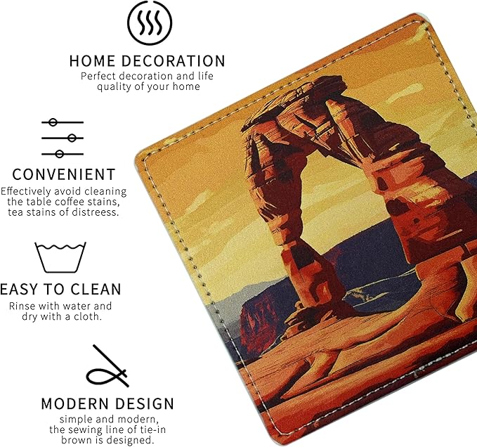 National Parks Coasters Square Leather Drinks Coaster Set with Holder for Coffee Table Bar Home Decor 4 Inches Set of 6