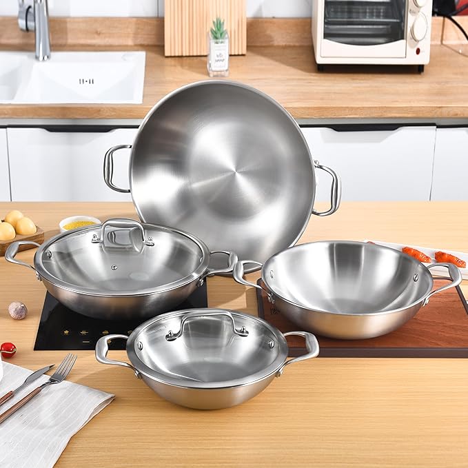 LOLYKITCH 12 Inch Tri-Ply Stainless Steel Wok Pan with Lid,Kadai,5 QT Induction Cooking Pot,Dishwasher and Oven Safe