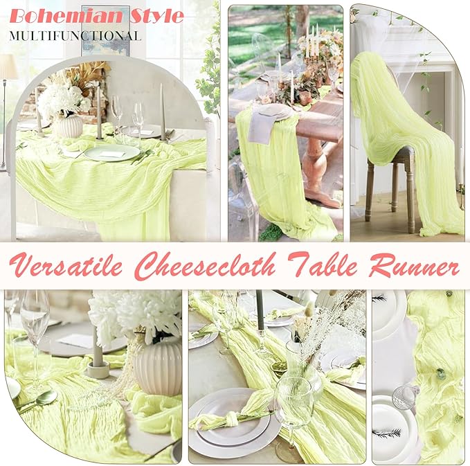 Light Yellow Cheesecloth Table Runner 6 Pack 35" Boho Gauze Tablecloth Runner 120 inches Long Runner Rustic Sheer Fabric Bulk for Baby Shower Wedding Bridal Birthday Party Table Decorations