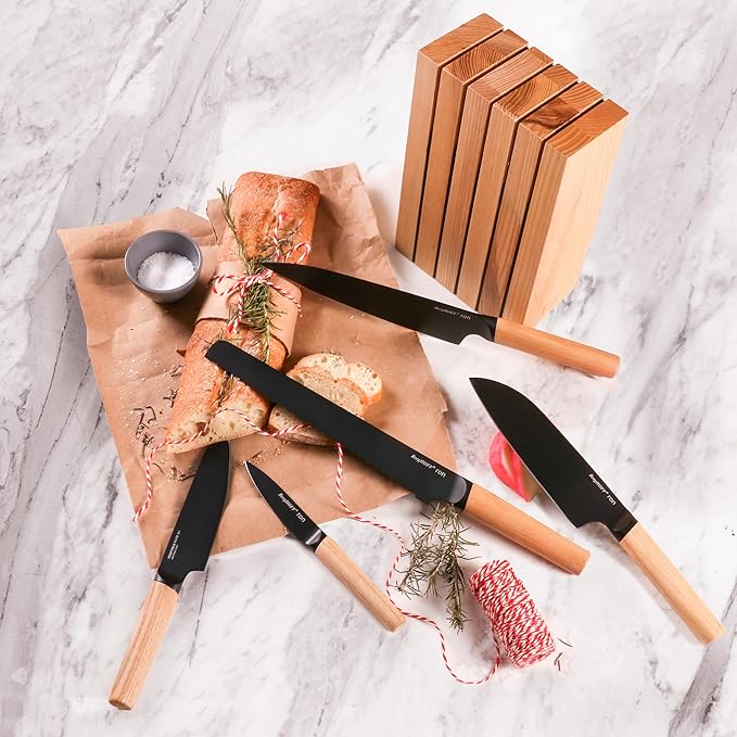 BergHOFF RON 5Pc Non-stick Knife Set With Wood Block Titanium PVD Coating Sharp & Well Balanced Seamless Transition Ash Wood Handle Anti-skid Base