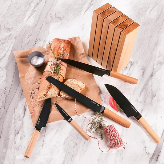 BergHOFF RON 5Pc Non-stick Knife Set With Wood Block Titanium PVD Coating Sharp & Well Balanced Seamless Transition Ash Wood Handle Anti-skid Base