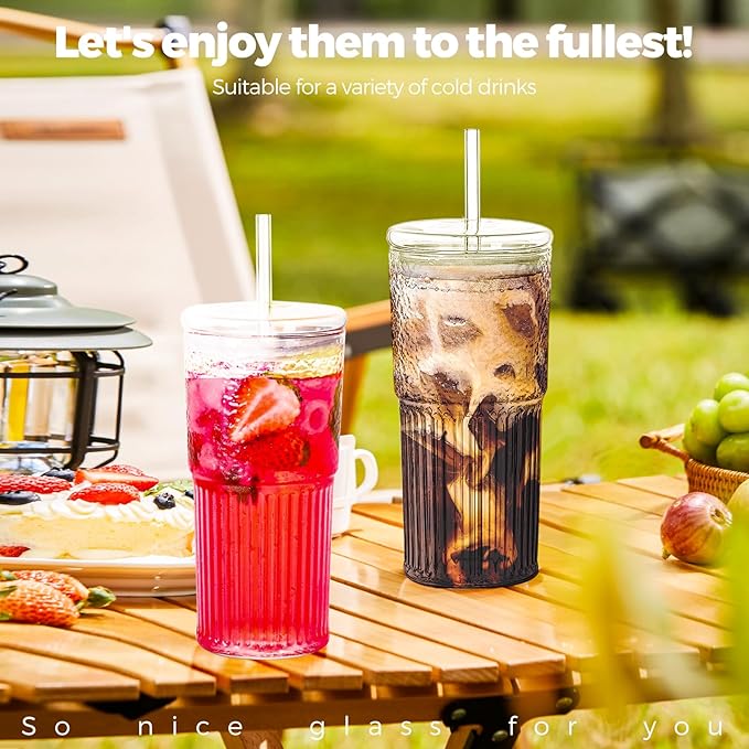 2PCS Glass Cups with Lids and Glass Straws, 20OZ Iced Coffee Cups, Home Essential and Coffee Bar Accessories Borosilicate Glass Tumblers with Lid and Straw for Beer, Cocktail, Tea and Latte, Clear