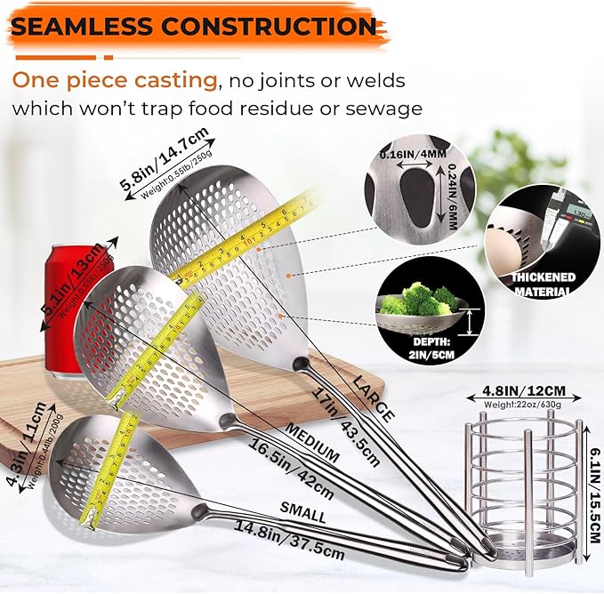 MARTE Skimmer Slotted Spoon Set of 4 - Kitchen Spaghetti Strainer Tool - Spider Strainer Skimmer Ladle Spoon with Holder for Cooking and Frying Food, Pasta, Vegetable, Dumpling - 14.8In,16.5In,17In