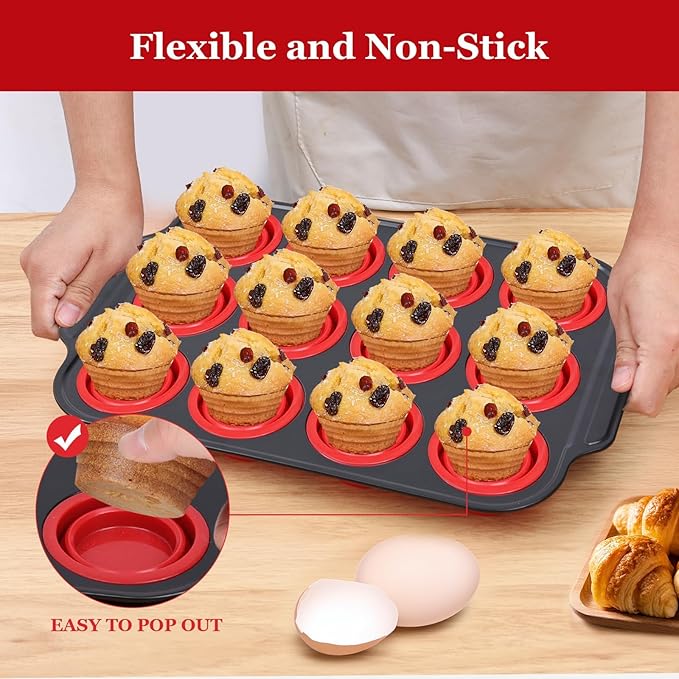 YiYeraio 12 Cups Silicone Muffin Pans for Baking with Metal Frame, Egg Bite Molds, Cupcake Pans Regular Size, Muffin Tins Easy to Pop Nonstick Non Toxic Bakeware for Oven Dishwasher Safe