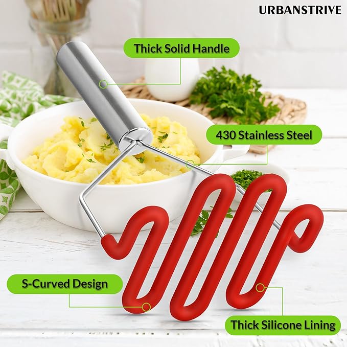 Urbanstrive Non-Scratch Silicone Potato Masher Kitchen Tool, Potatoes Masher Potato Masher Stainless Steel Wrapped In Premium Silicone, Potato Smasher, Red