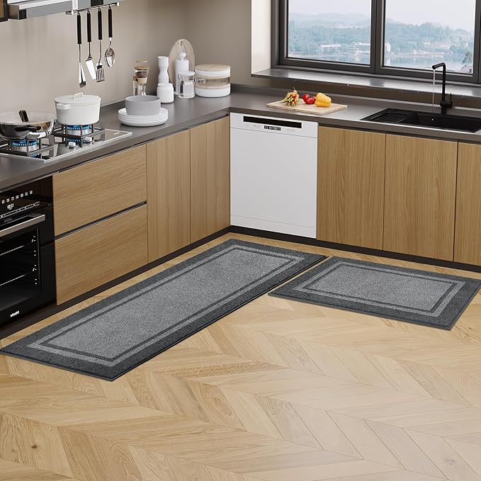 Kichen Rugs 24" x 96", Non-Slip Machine Washable Kitchen Runner Rugs Floor Mats, Absorbent Comfort Standing Mats for Kitchen, Sink, Laundry and Hallway, Light Grey & Dark Grey