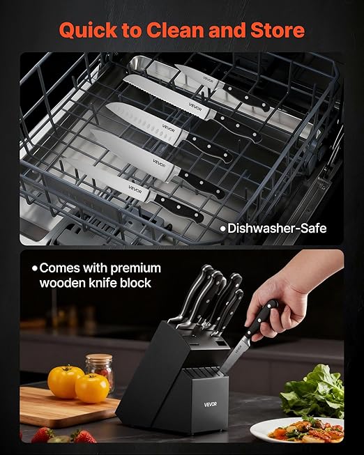 VEVOR Kitchen Knife Set with Block and Sharpener, 15 Piece High Carbon Stainless Steel Sharp Knife Set, Kitchen Cutlery with Crack-Resistant Handle, Sharpening Rod and Wooden Block, for Home Cooks
