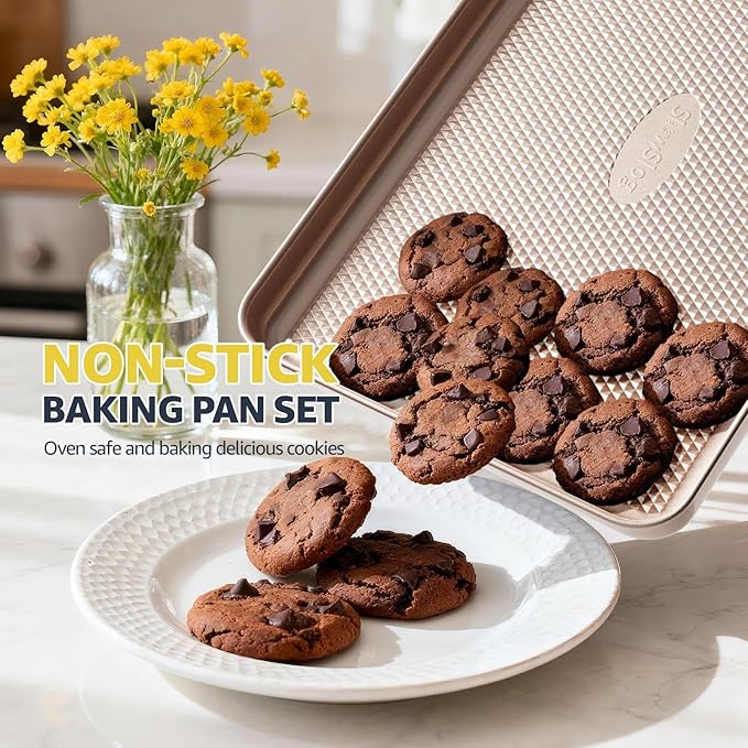 Slow Slog 3Pcs Baking Sheet Pan Set, Large Nonstick Cookie Sheets Set, Jelly Roll Pans, Heavy Duty Carbon Steel Cookies Sheet for Oven, Diamond Texture, Gold