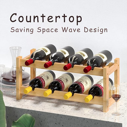 BAMEOS Wine Rack Freestanding 8 Bottle 2 Tier Bamboo Wine Racks Countertop Cabinet Wine Holder Wine Storage Shelf for Kitchen, Bar, Pantry, Wine Cellar, Basement, Countertop (16.85 L x 9.25W x 7H)