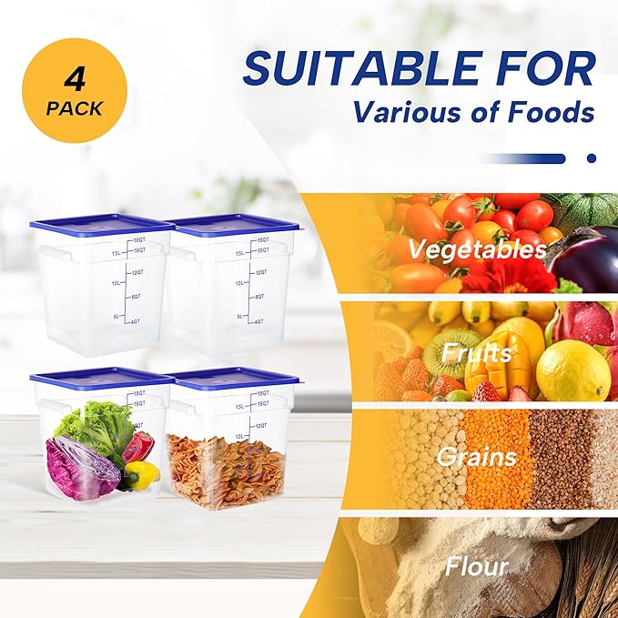 STEELUS 4 Pack Food Storage Containers, 18 Quart with Lids, Square Commercial Containers with Scale, Clear NSF Food Organizing, Polycarbonate