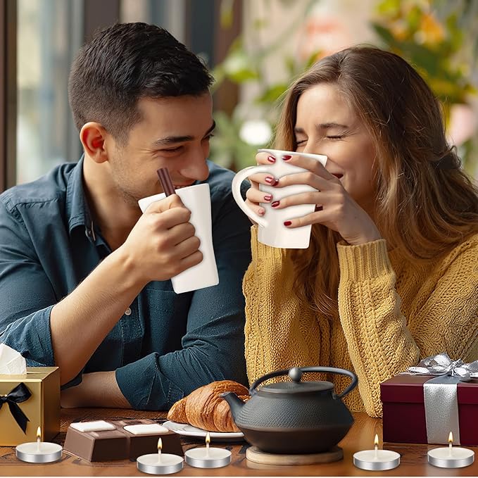 Honeydak 2 Set Chocolate Fondue Mug with Fork and Candle Sweet Ceramic Personal Chocolate Melting Cup Ideal Gifts for Birthday Date Night Birthday Wedding Gifts (White)