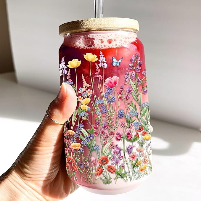 Floral Glass Cups with Lids and Straws 16 Oz Flower Iced Coffee Cup Cute Wildflower Drinking Glasses Birthday Mothers Day Valentines Christmas Flowers Gifts for Women Her Mom Friends