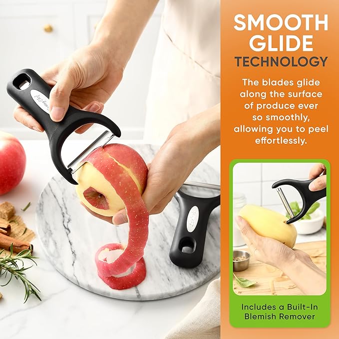 Spring Chef Swivel Vegetable Y Peeler with Sharp Stainless Steel Blades, Set of 2 & Premium Lemon Zester (Fine Grater) with Handle - 3 Product Bundle - Black