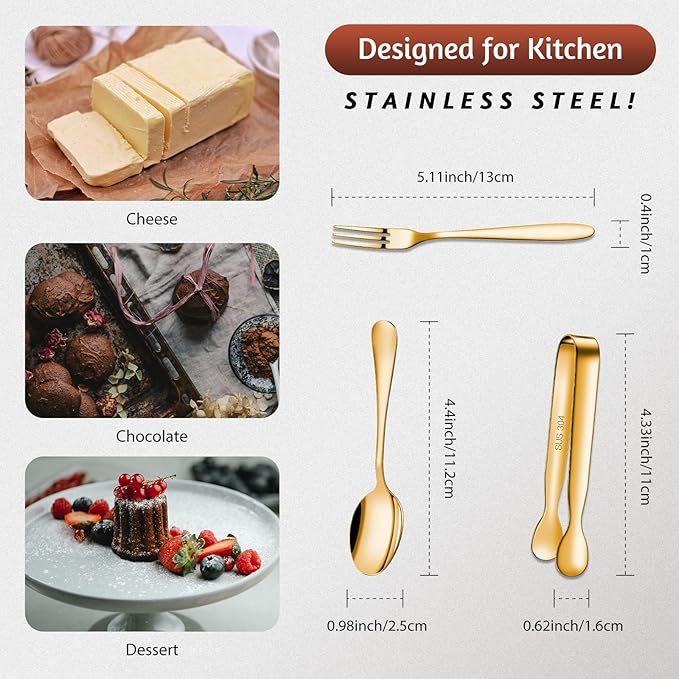 Cunhill 24 Pcs Charcuterie Accessories Mini Cocktail Tongs Small Serving Spoons and Appetizer Forks Stainless Steel Tongs Charcuterie Utensils for Valentine Party Supplies(Vivid Sharp Spoon,Golden)