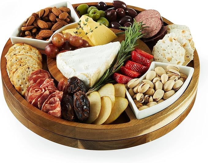 Twine Rotating Wood Serving Board - Round Charcuterie Board - Lazy Susan Wooden Cheese Board Set with Ceramic Dishes - Set of 1