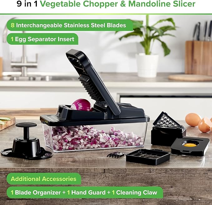 PrepNaturals Vegetable Chopper with Container, Veggie Chopper, Food Chopper & Onion Chopper - Mandoline Slicer for Kitchen (12 in 1, Black)