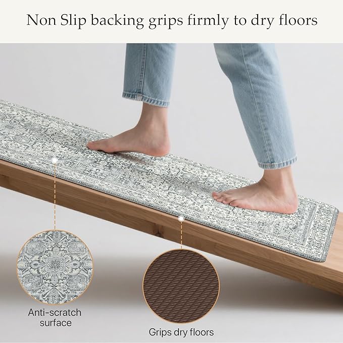 GENIMO Kitchen Mats for Floor, 2PCS Kitchen Rugs Non Slip Washable, Waterproof Anti Fatigue Mat, Comfort Standing Runner Rug for Sink, Office, Laundry, Home, 17.3"x47"+17.3"x30", LightGrey