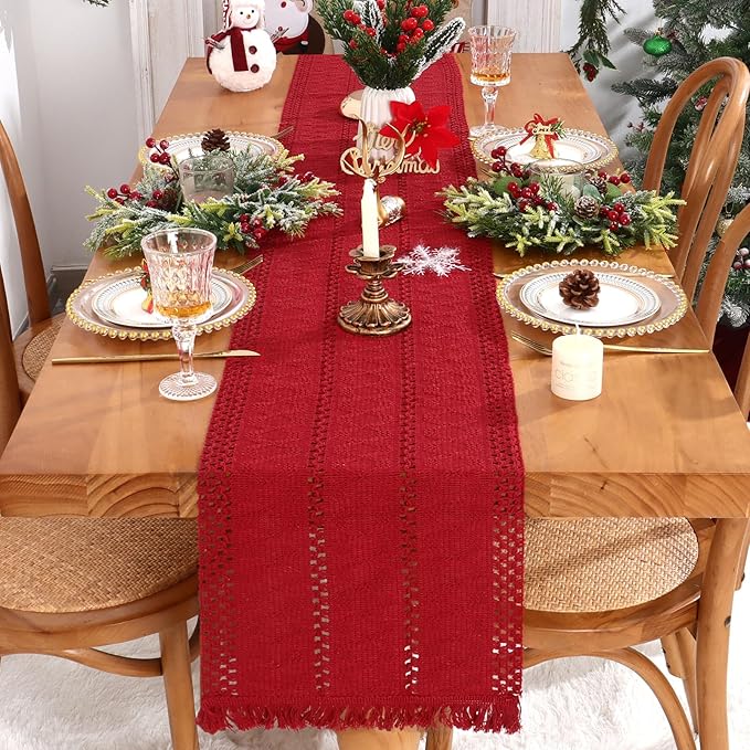 Alynsehom Macrame Table Runner Christmas Red Boho Table Runners with Tassels Hand Woven Cotton Table Runner Rustic Farmhouse Table Runners for Xmas Kitchen Dining Table(12x95in)