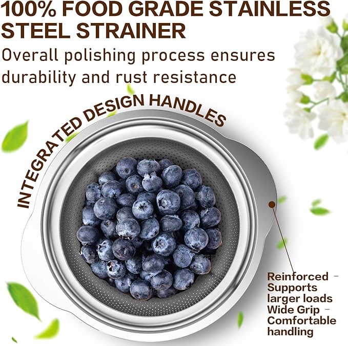 Colanders and Strainers, Stainless Steel Colander Set, Pasta Strainer & Vegetable Washer, Kitchen Strainer with Matching Bowl for Draining, Soaking and Food Prep, Dishwasher Safe, Silver-4QT