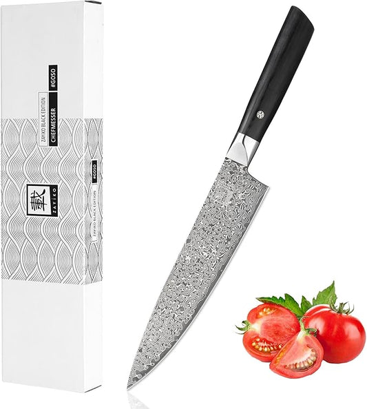 zayiko Black Edition Damascus Knife Gyuto I 20 cm blade made of 67 layers of VG10 Damascus steel I Ergonomic Pakkawood handle I Professional kitchen knife for meat, fish & vegetables I In a gift box