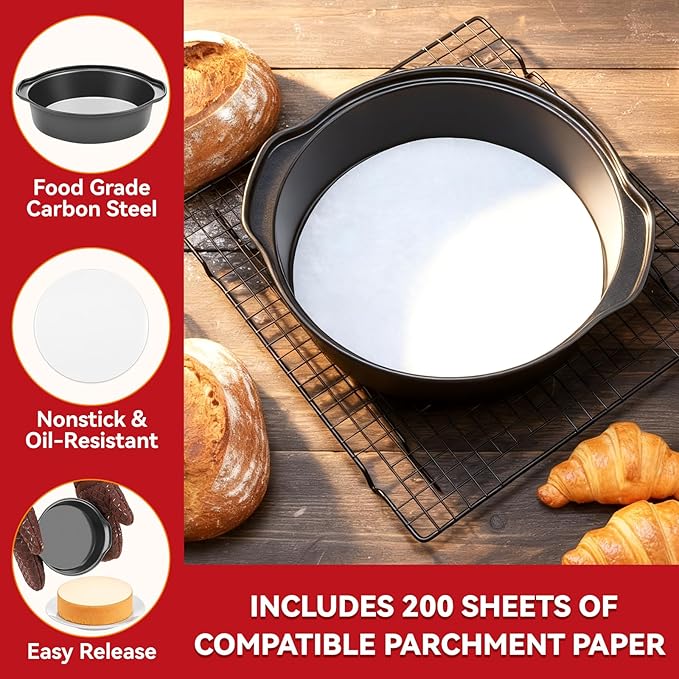 Funnydin 6 Inch Cake Pans - 3PCS Carbon Steel Cake Pan with 200 Parchment Papers, Round Cake Pans with Handle, Nonstick & Non-Toxic, Easy Demolding & Dishwasher Safe