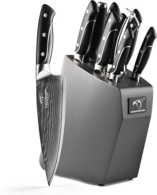 Damascus Kitchen Knife Sets, 9 Pieces Kitchen Knives Set with Block, ABS Ergonomic Handle for Chef Knife Set, Knife Sharpener and Kitchen Shears, Knife Block Set