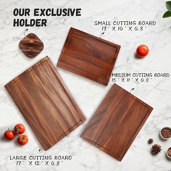 3-Piece Solid Walnut Wood Cutting Boards with Anti-Slip Holder, Chopping Block with Juice Deep Groove & Invisible Handles for Kitchen Meats Vegetables, 100% Natural Walnut, Perfect Housewarming Gift
