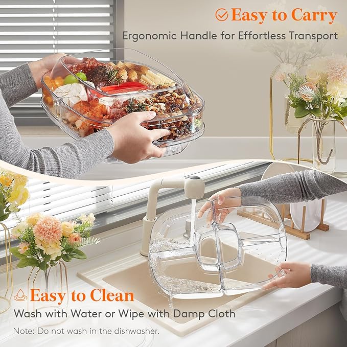 Lifewit Chilled Serving Tray for Parties, 15" Divided Shrimp Cocktail Serving Dish with Lid, Plastic Taco Platter, Ice Serving Bowl for Veggie, Fruit, Salad, Mimosa Bar Supplies in Party/Buffet