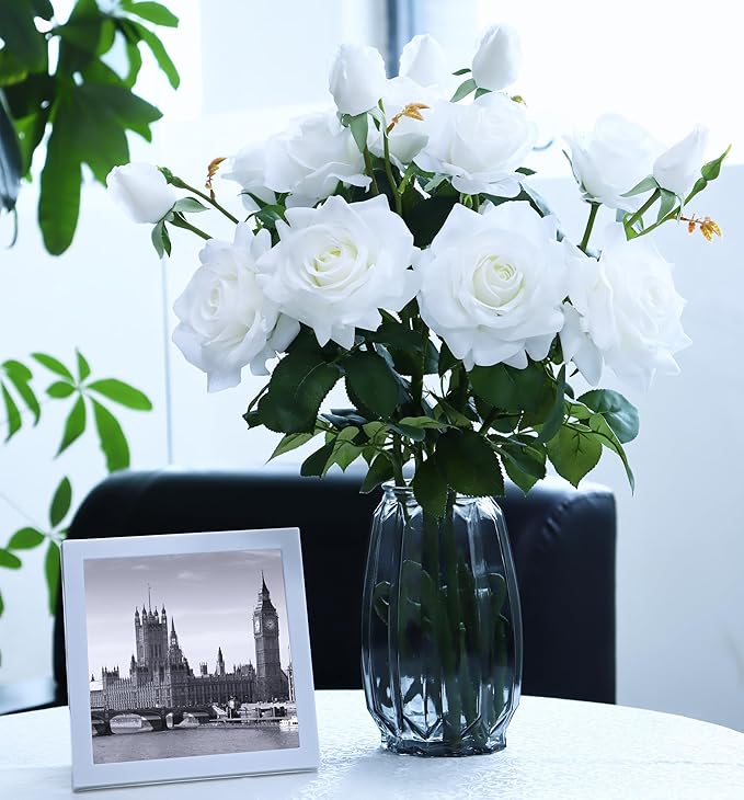 White Fake Flowers for Wedding Decor,Realistic Artificial Flowers Indoor 5 Bouquets（15 Heads） for Room Decor,Real Touch Fake Roses for Bathroom Kitchen Cake Bride Centerpieces Backdrop Decor（No Vase）