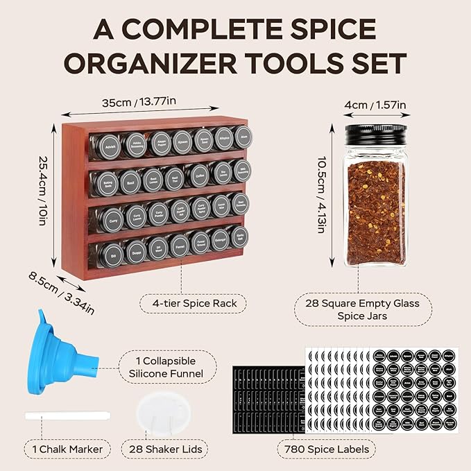 Bamboo Spice Rack Organizer with 28 Spice Jars, 780 Labels, 4 Tier Wood Hanging Shelf, Chalk Marker and Funnel Set for Drawer Cabinet Kitchen Countertop Wall Mount, Empty 4 oz Glass Jars-Cherry Stain